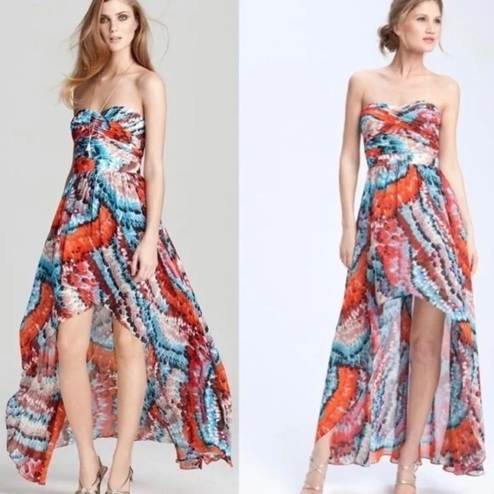 Aidan Mattox Hi Low Feather Print Strapless Chiffon Maxi Dress, size 4